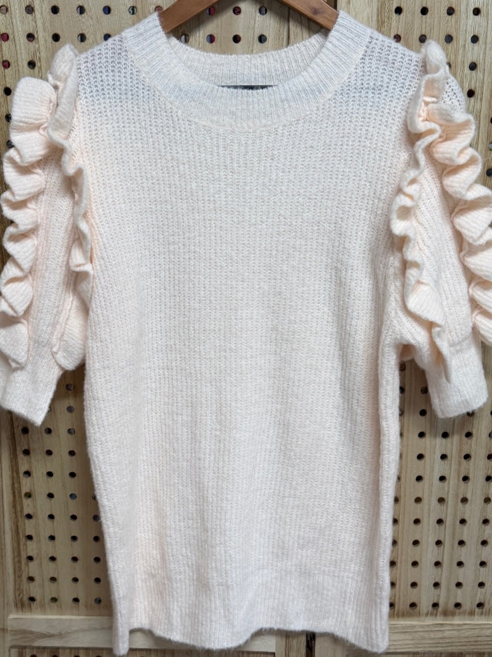 Heyday Blush Pink Ruffle Sleeve Knit Sweater Top Large Soft Cozy Feminine